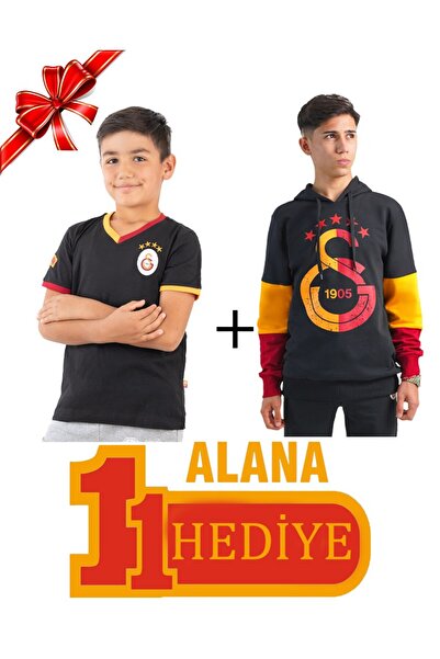 Galatasaray Orijinal 5 Yıldız Siyah Sweatshirt Siyah Çocuk T-Shirt Hediyeli