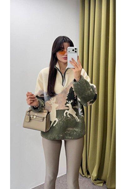 mrc PELUŞ SWEATSHİRT CEPLİ KAR DESEN