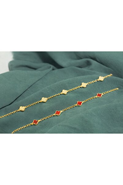 ZEYNEP KARACA Sedefli & Kırmızı Yonca Station Bileklik Seti | Altın Kaplama Ç...