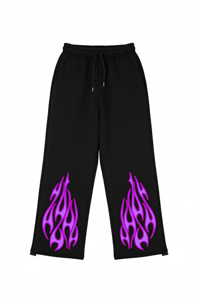 Sokak Butik Premium Purple Flame Leg Men's Black Sweatpants