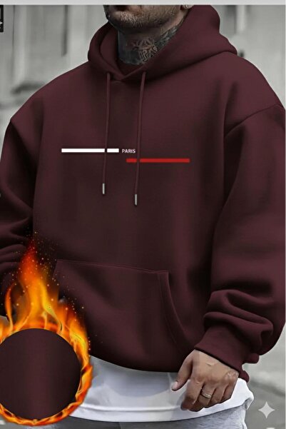 NO 601 Ανδρικό φούτερ με ρίγες μπορντό Paris με τύπωμα με χοντρή κουκούλα