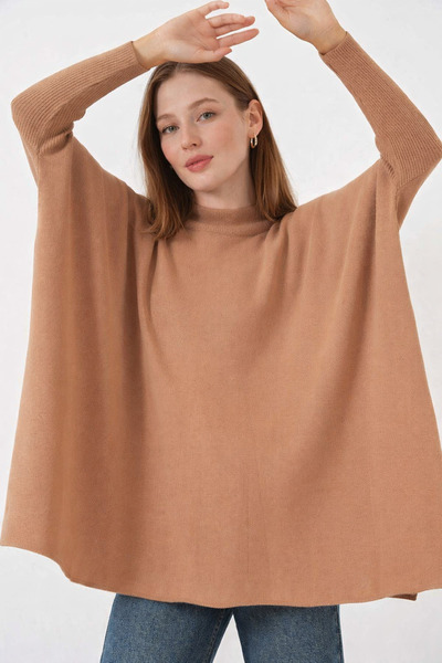 MISSRUBA Kadın Yırtmaçlı Bisküvi Panço Kazak DP0001