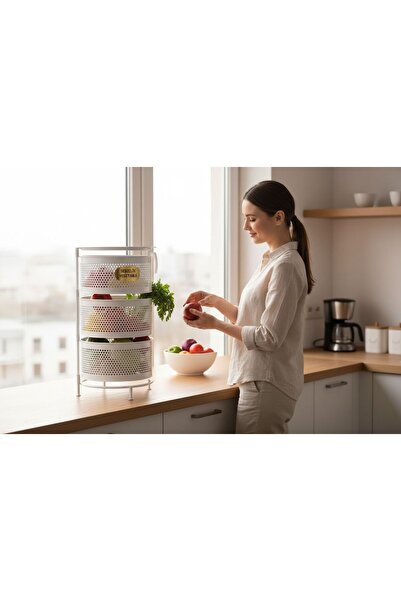 METALAY 3 Katlı Yana Açılır beyaz Patates Soğan Sepeti Sebze Meyve Sepeti Seb...