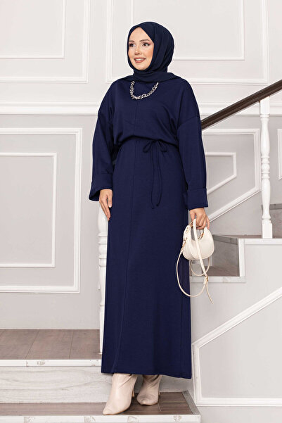 EBRUTESETTÜR Soft Dress with Folded Sleeves and Belt Detail in Navy Blue