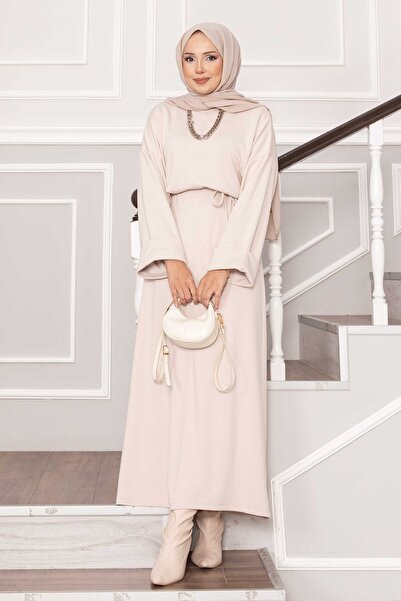 EBRUTESETTÜR Soft Dress with Fold-Over Sleeves and a Sash, Stone