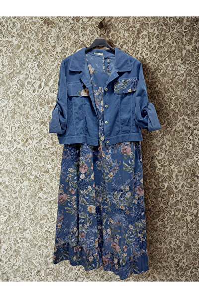Tuana Otantik Çiçek Desen Kadife İkili Elbise Ceket Takım