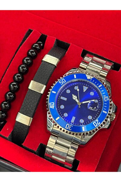 captiva Çelik Kordon Rolx Modeli Gümüş Renk İçi Lacivert Ve Bileklik Seti