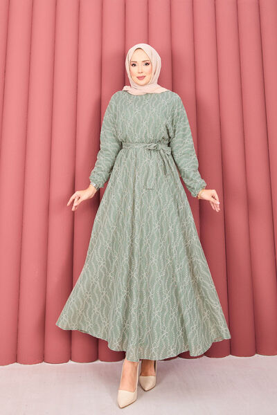 EBRUTESETTÜR Lace Textured Mobile Belted Hijab Dress Mint
