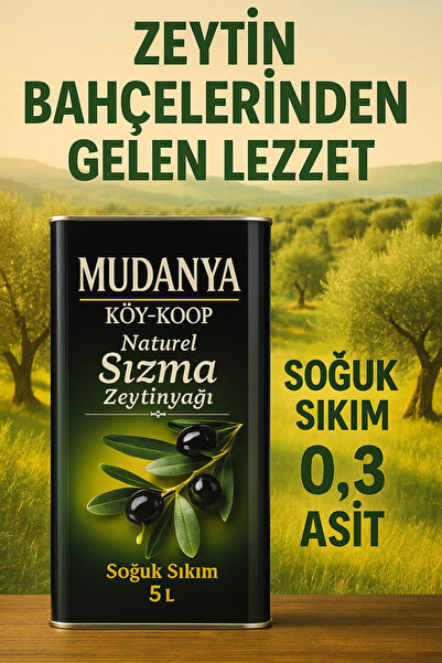 MUDANYA KÖY-KOOP NATUREL SIZMA ZEYTİNYAĞI MUDANYA NATUREL SOĞUK SIKIM SIZMA 0,3 ASİT ZEYTİNYAĞI 5L (4800Gr)