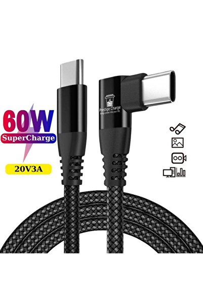 PRESTIGE CHARGE Cablu USB-C la USB-C PD 60W, Date si Incarcare, Cap Unghi 90°...