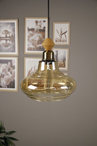 Bamyum Lumsa Cam Bal Rengi Tekli Avize Küçük Ahşap Q Başlık Başlık Retro Sark...