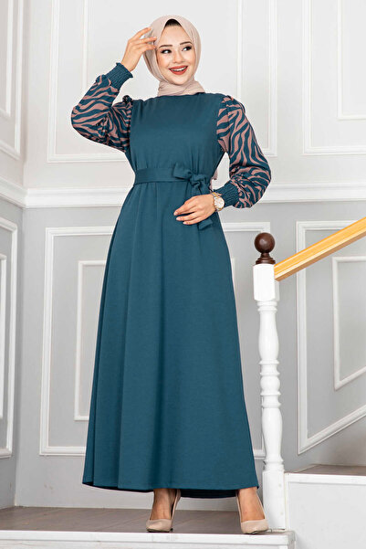 EBRUTESETTÜR Tulipa Tesettür Elbise Petrol