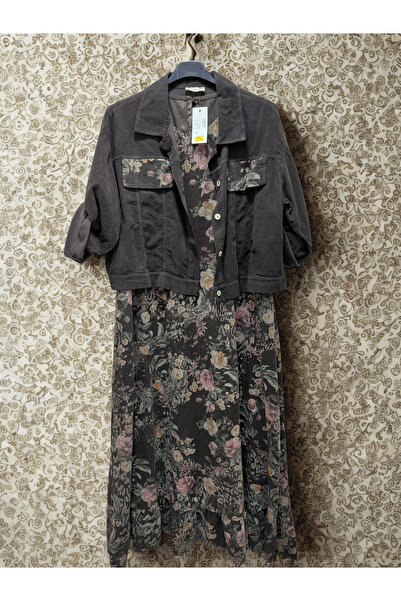 Tuana Otantik Çiçek Desen Kadife İkili Elbise Ceket Takım