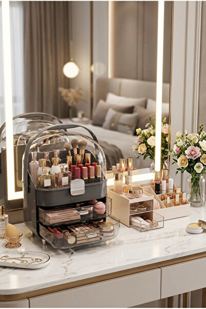 MAKRİ HOME Multi-Compartment Clear Drawer Makeup & Cosmetic Organizer Gray and Double Drawer Organizer