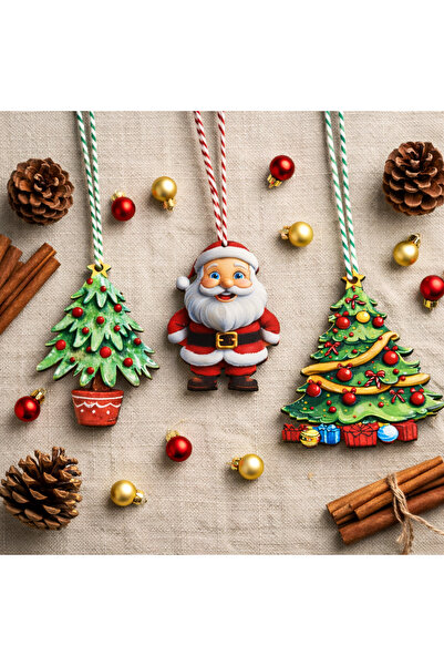 Kidzia Yılbaşı Ağaç Süsü 3’lü Set – MDF Baskılı Noel Baba ve Çam Ağacı Dekoru