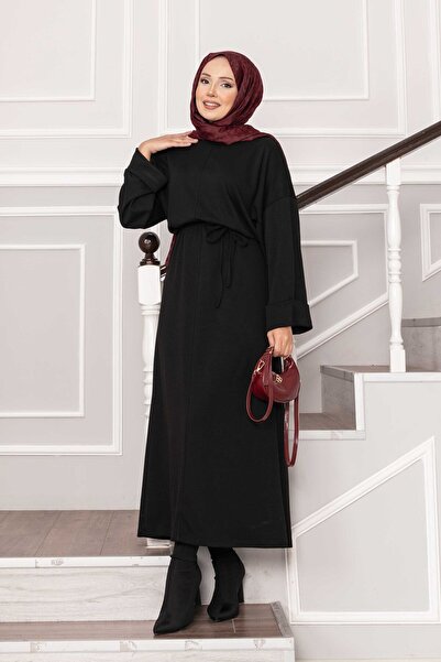 EBRUTESETTÜR Soft Dress with Folded Sleeves and Belt Detail Black