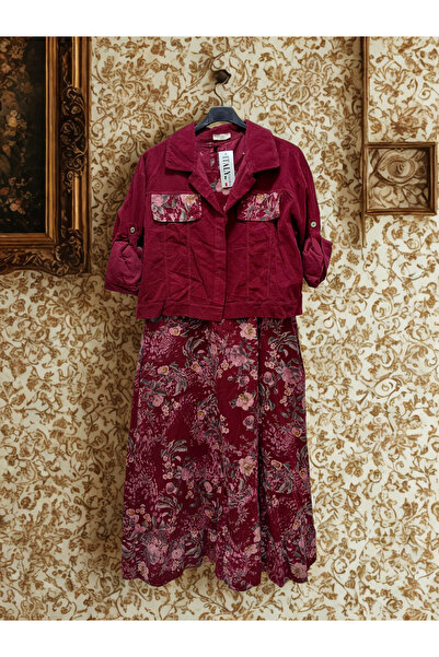 Tuana Otantik Çiçek Desen Kadife İkili Elbise Ceket Takım