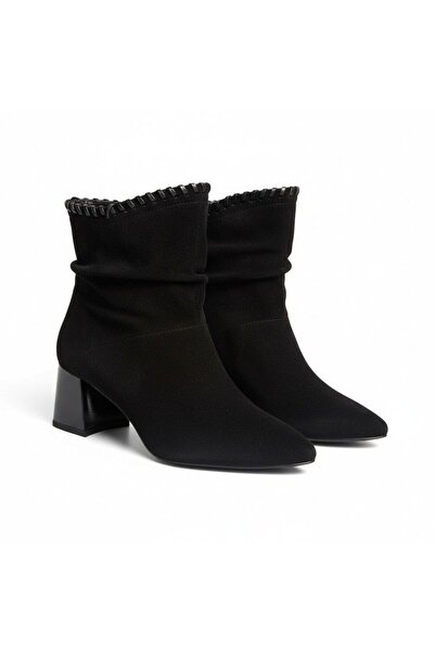 NE&VE SHOES Black Suede Genuine Leather Piped Detail Pointed Toe Women's Thick Heeled Boots