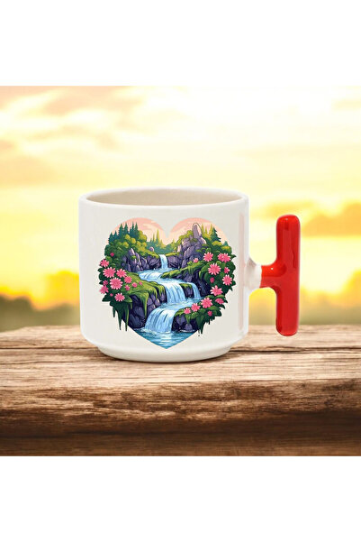 BB TRADE Nature Designed Red t Handle Ceramic Printed Mug Cup 250 ml