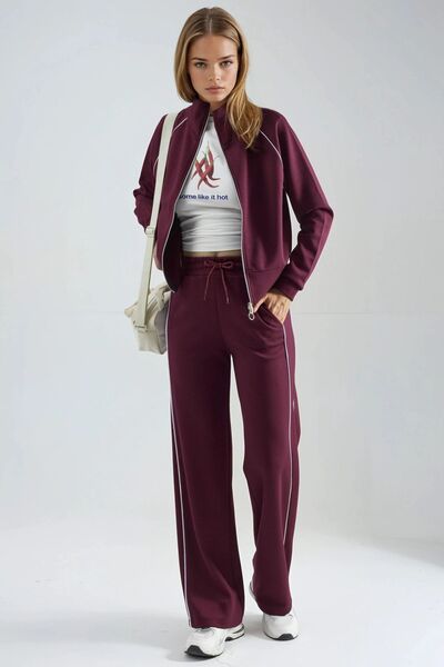 Hiccup Modal Textured Zippered Sweatshirt & Trousers Two-Piece Set Berşan Col...