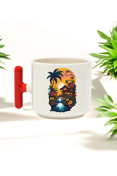 BB TRADE Mountain House Designed Red T-Handled Ceramic Printed Mug Cup 250 ml