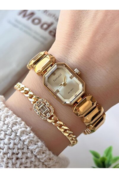 Ferrucci ساعة يد نسائية + سوار من السلسلة الخاصة، سوار فولاذي لا يفقد لونه، VS.BLKT.0732