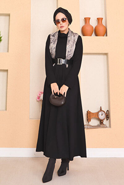 EBRUTESETTÜR Turtleneck Gathered Waist Hijab Dress Black