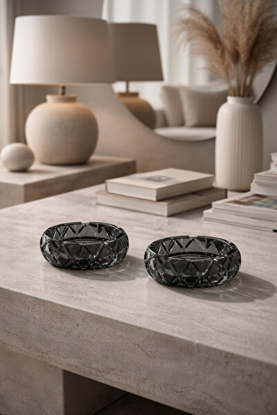 DİVAYS Set of 2 Domed Crystal Gray Glass Ashtrays - Modern and Stylish Decorative Smoked Glass Ashtray 10 cm