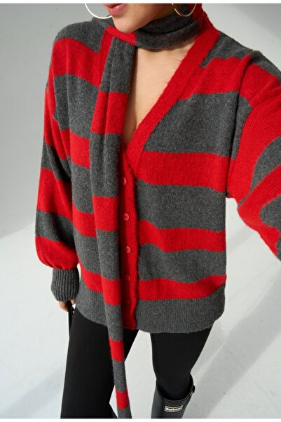 Serpirella Butik Striped Cardigan with Shawl Detail