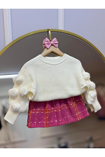 ArdenKids 2-8 Yaş Ekru Ponpon Triko Kazak & Şeker Pembe Etek ( Toka Hediyeli )