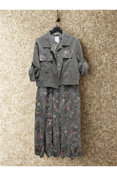 Tuana Otantik Çiçek Desen Kadife İkili Elbise Ceket Takım