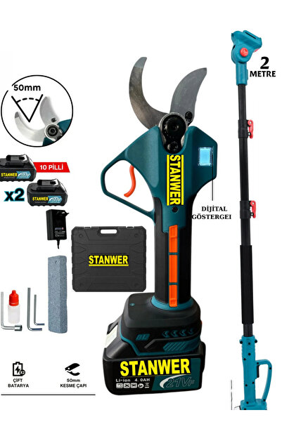 STANWER 50 MM BÜYÜK AKÜLÜ ÇELİK ŞANZUMAN ŞARJLI DAL BAĞ BUDAMA MAKASI 2 METRE...