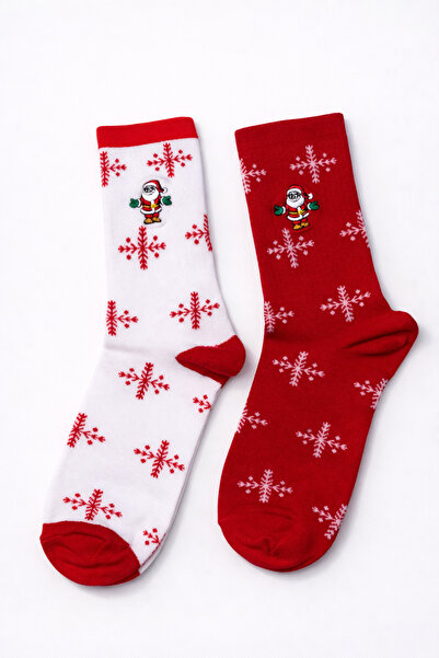 Emy Yılbaşı Temalı Kadın Soket Çorap 2’li Set – Nakışlı Noel Baba, Kar Desenli Kışlık Çorap