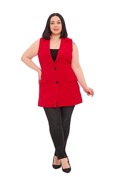 DISENTIS MODEST Plus Size Buttoned Flap Pocket Lined Long Red Vest