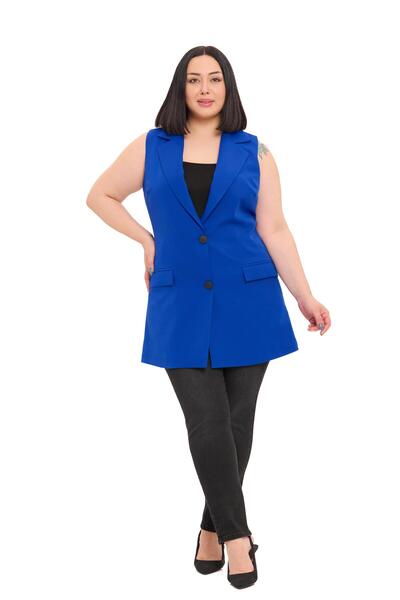 DISENTIS MODEST Vestă lungă albastru cobalt albastră, căptușită, cu buzunare cu clapetă cu nasturi