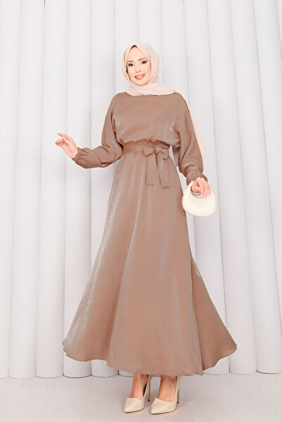 EBRUTESETTÜR Drawstring Waist, Belted, Batwing Sleeve Hijab Dress, Brown