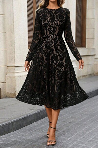 Mossta Rochie midi din dantelă cu mâneci lungi - Negru