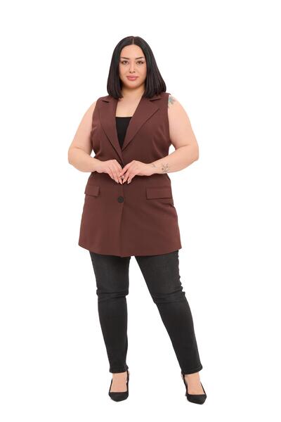 DISENTIS MODEST Vestă lungă maro, căptușită, cu buzunare cu clapetă cu nasturi