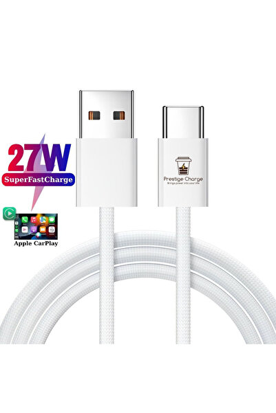 PRESTIGE CHARGE Cablu USB la USB-C, Date si Incarcare FastCharge 27W, compatibil cu iPhone, CarPlay, Alb Textil, 1m