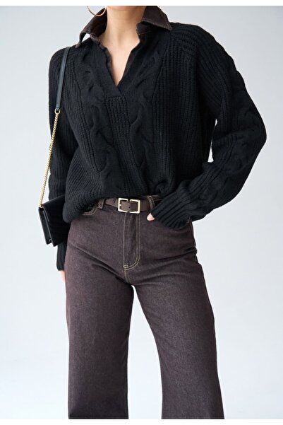 Serpirella Butik Knitted Sweater with Denim Detail on the Collar