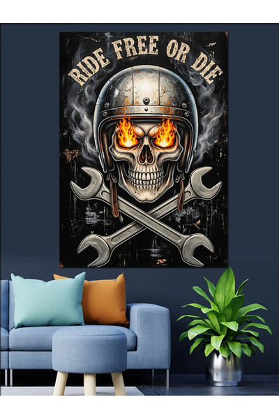 Artmeg Pânză decorativă cu artă retro cu craniu și motocicletă - Tablou din l...