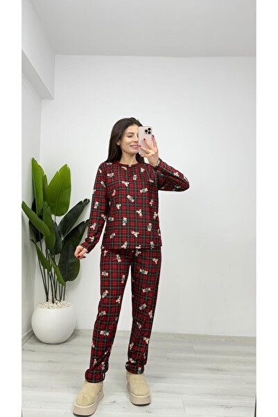 TUNAM BUTİK Pj14 Suede Teddy Bear Pattern Pajama Set Fit Mold Red