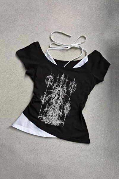 8line Black Gothic Wizard Angel White Attached Y2K Short Sleeve Crop
