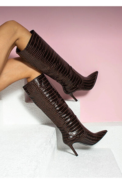 bahwar Crocodile Patterned Thin Heeled Knee-High Boots