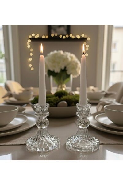 moontime alaçatı Şeffaf Kristal Görünümlü 2'li Cam Mumluk Şamdan Seti, Şık De...