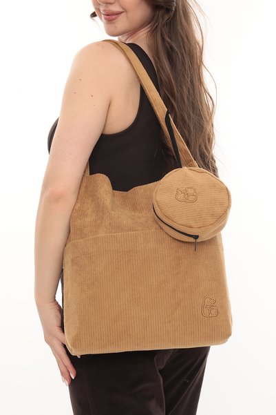 KOSTEBAG Velora Camel Color Corded Fabric Velvet 32X38Cm Cloth Bag + Round Mini Bag