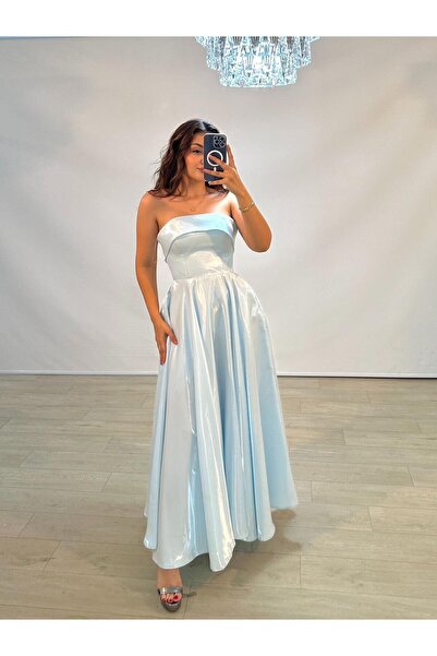 OLA Stella Hologram Saten Straplez Bilek Boy Bebe Mavisi Renk Abiye Elbise