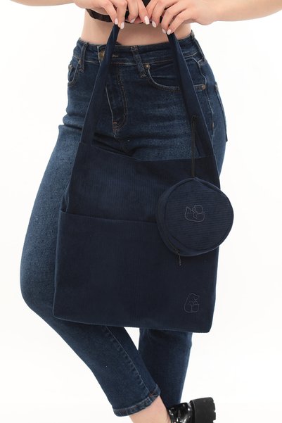 KOSTEBAG Velora Navy Blue Corded Fabric Velvet 32X38Cm Cloth Bag + Round Mini Bag
