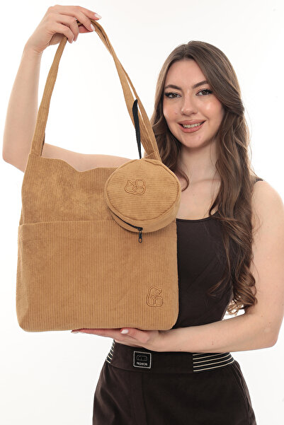 KOSTEBAG VELORA Camel Rengi Fitilli Kadife 32x38cm Bez Çanta + Yuvarlak Mini ...