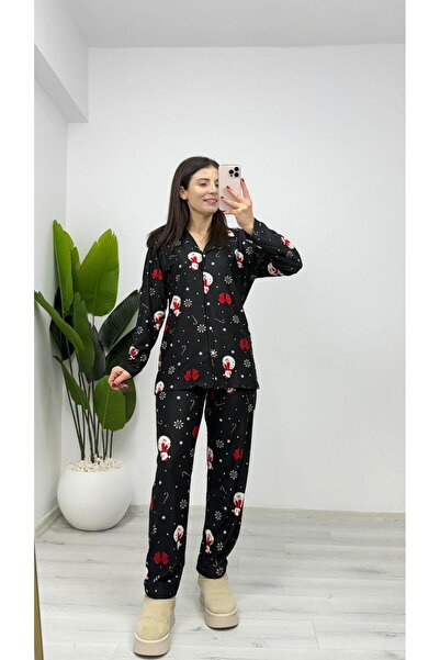 TUNAM BUTİK Pj14 Suede Buttoned Shirt Collar Pajama Set Black